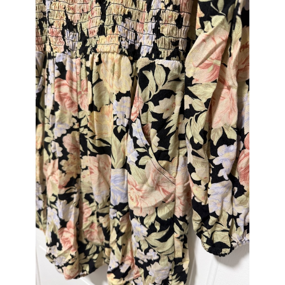American Eagle Vintage Floral Smocked Romper Long Sleeve Pockets Black Large - Picture 5 of 11